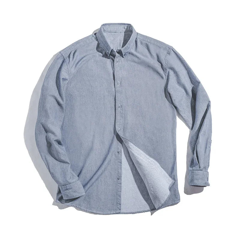 Maden Vintage Brushed Long-sleeve Shirts for Men Light Blue Cotton Turn-down Collar Oxford Shirt Male Casual Outerwear Shirts
