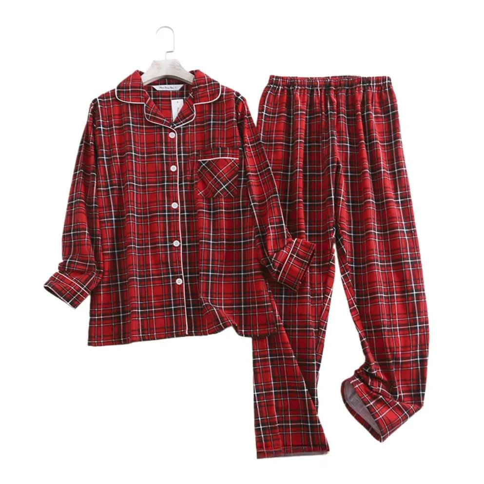 Cotton Flannel Women's Long Pants Pajamas Sets for Sleepwear Plaid Design Loose Autumn and Winter Long Sleeve Trouser Suits