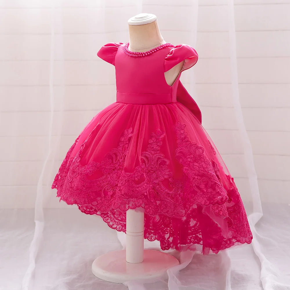 Toddler Bow Baby Dress For Girls Beading Tulle Princess 1st Birthday Embroidery Kids Party Dresses for Girl Pink Baptism Costume