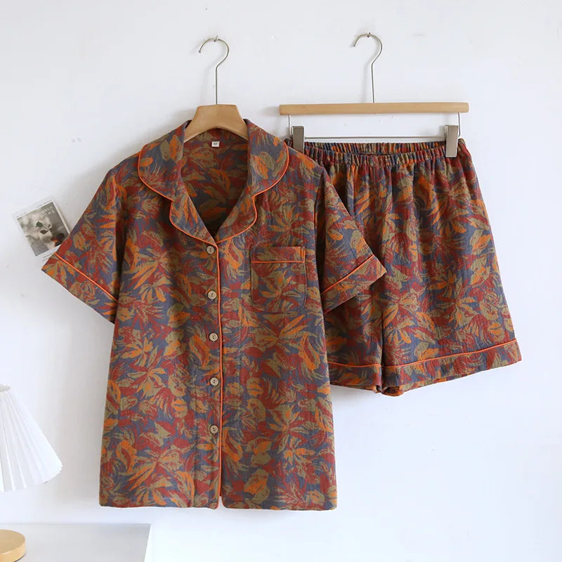 Women's Short Sleeved Shorts Newest Cotton Jacquard Yarn Woven Floral Printed Cardigan Summer Home Pijama Clothes