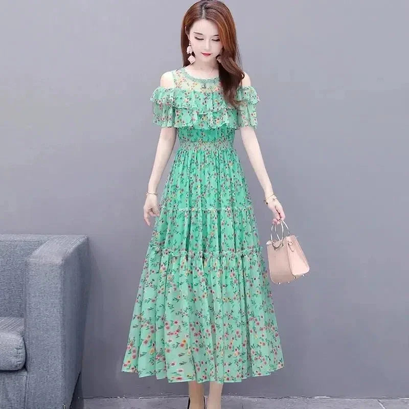 Mesh Chiffon Floral Print Dress Women 2024 New Summer Bohemian Beach Dress Long Off Shoulder Sexy Lady Party Dresses Vestidos