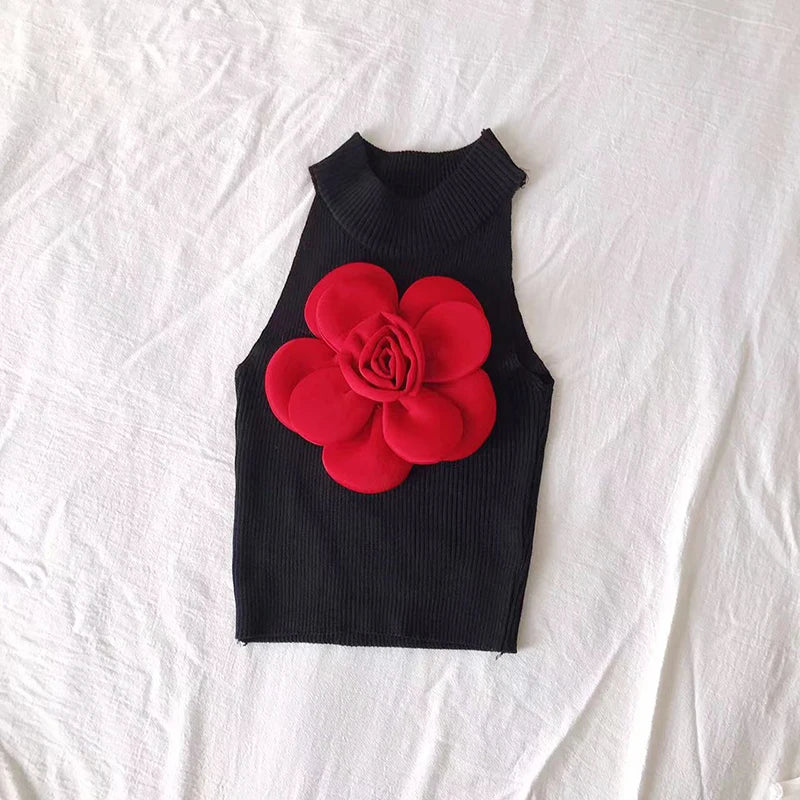 2024 New Summer Knitted T Shirt for Women Big Flowers Vintage Sexy Ropa De Mujer y2k Fashion Short Tank Tops camisetas tees
