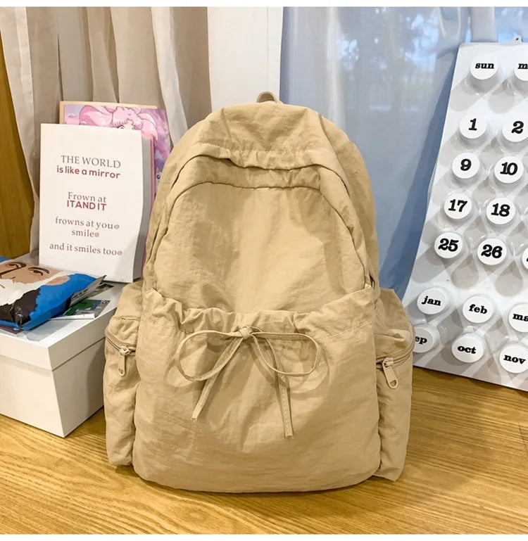 Japanese Style Student Backpack Solid Color Bow Travel School Bag Lightweight and Fashionable Women's Backpack New Simple Casual