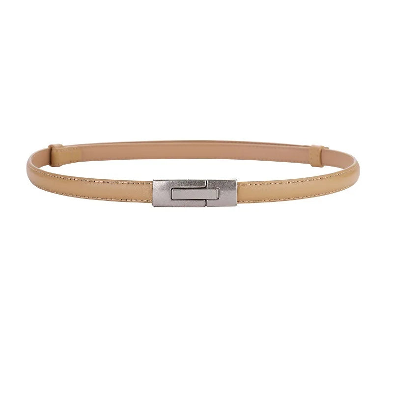 Women Skinny Genuine Leather Slim Belt Adjustable Alloy Buckle Waist Belt for Dress