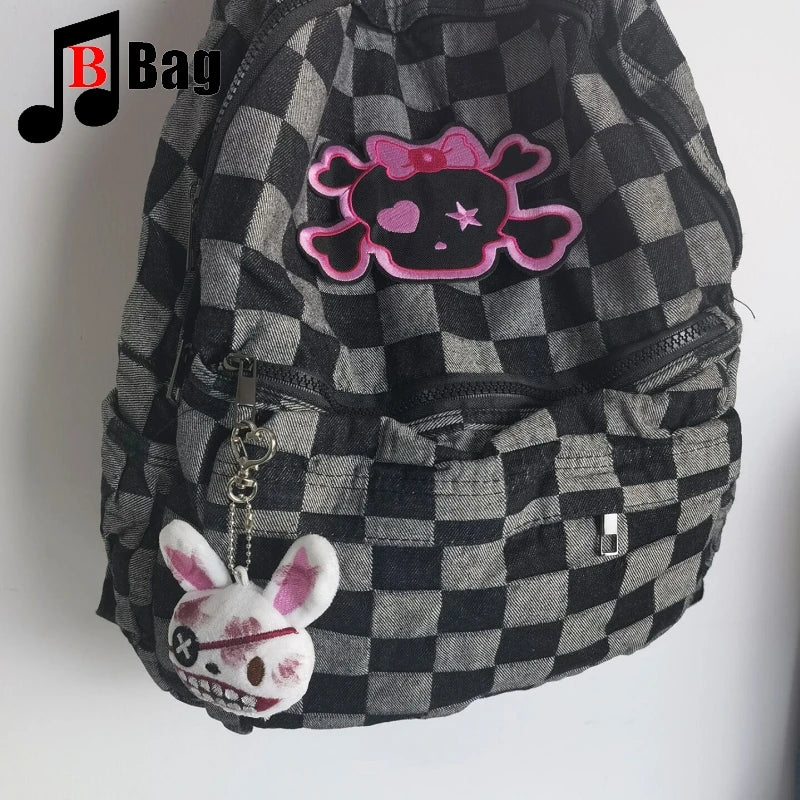 Harajuku Women Girl Cute Little skull Lattice Shoulder Bags Backpack Students Large Capacity Backpacks book bag Computer Handbag