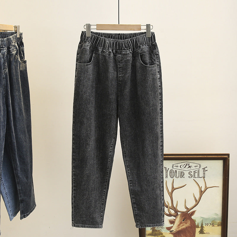L-6XL Plus Large Size Baggy Jeans Women High Waisted Jeans Woman Mom Jeans Loose Denim Harem Pants Elastic Waist Blue