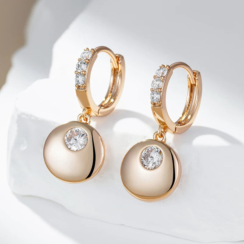 Kinel Fashion Simple Glossy Round Coin Dangle Earrings Women 585 Rose Gold Color With Natural Zircon Party Daily Fine Jewelry