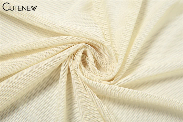 Cutenew Mesh Concise Dress Women Classic Holiday Style Long Sleeve Cut out Shirring Asymmetrical Robe Female Elegant Attirewear