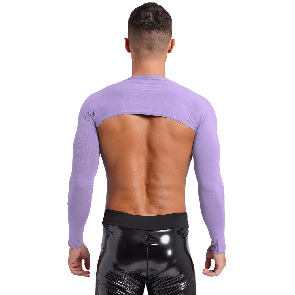 Men Open Front Half Crop Top Solid Long Sleeve Cardigan Bolero Shrug Tops Muscle Arm Sleeves Workout Sports Gym Tops Clubwear