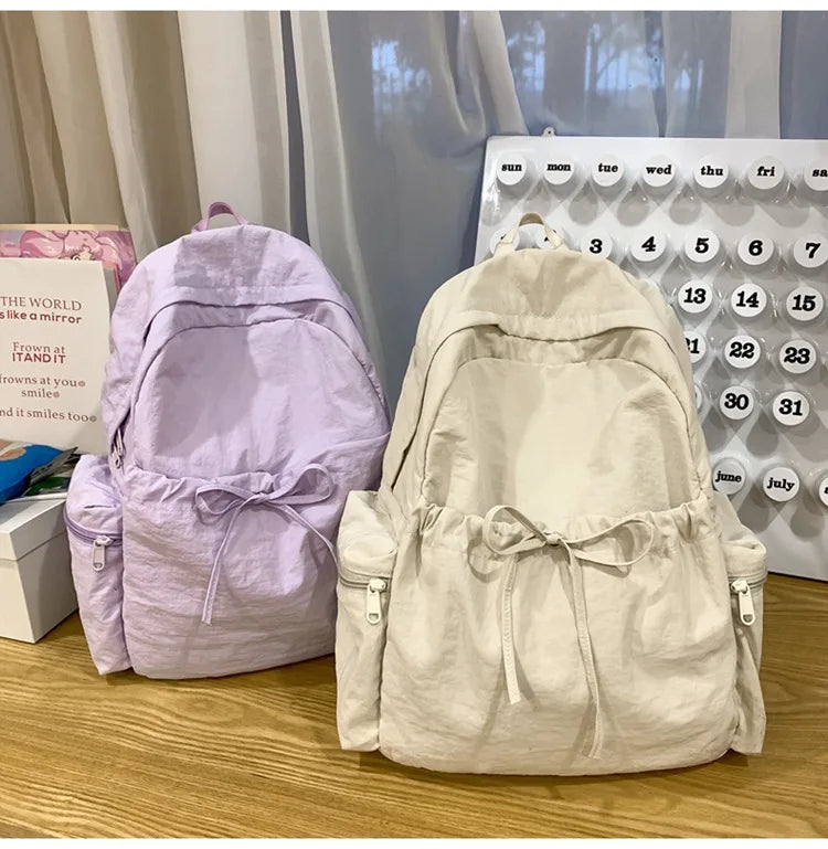 Japanese Style Student Backpack Solid Color Bow Travel School Bag Lightweight and Fashionable Women's Backpack New Simple Casual