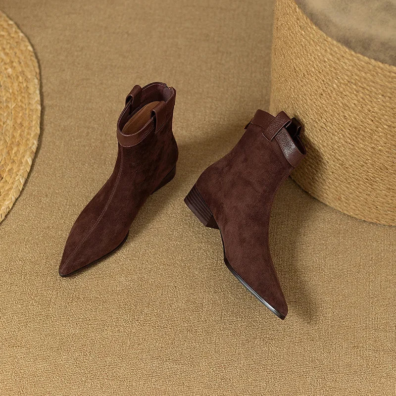 Women's Vintage Chunky Heel Ankle Boots Autumn Winter New Pointy Square Head Suede Back Zipper Soft Sole Non-slip Short Boots