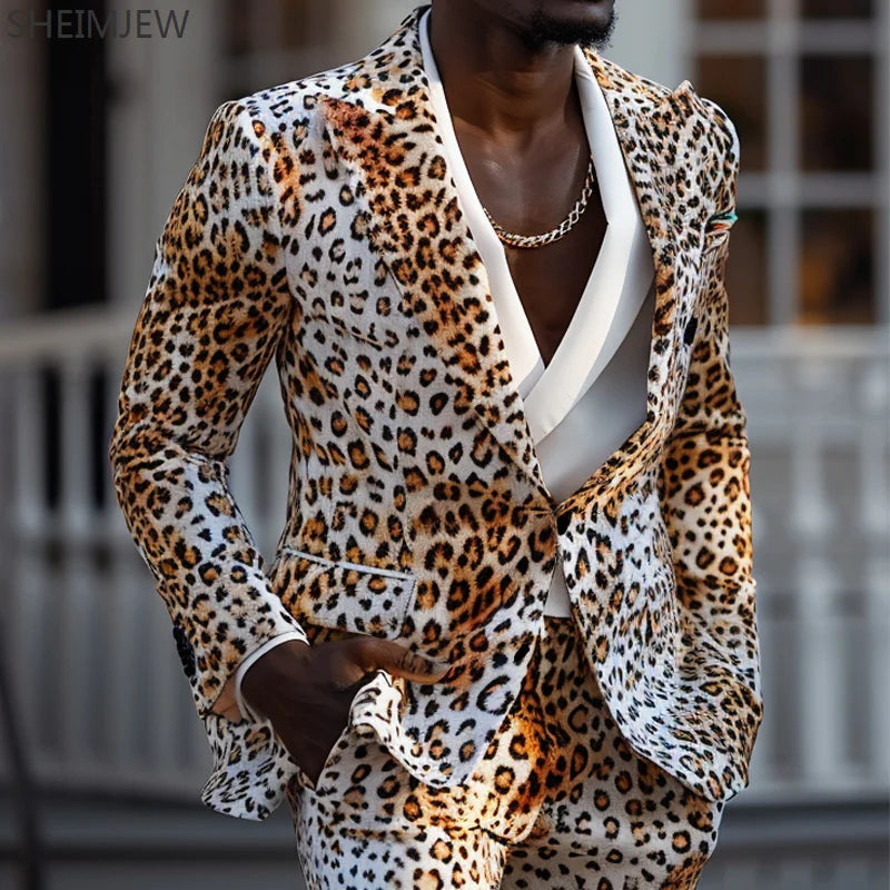 Casual Long Sleeve Animal Jacket & Pant Two-piece Men's Classic Leopard Color Print Suit Carnival Ball Suits Party Customized