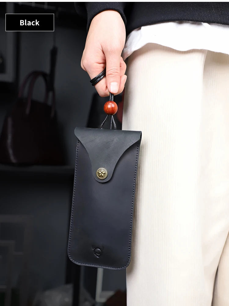 Solid Color Genuine Leather Reading Glasses Bag Case Handmade Leather Sunglasses Pouch Simple Eyewear Storage Pocket Accessories