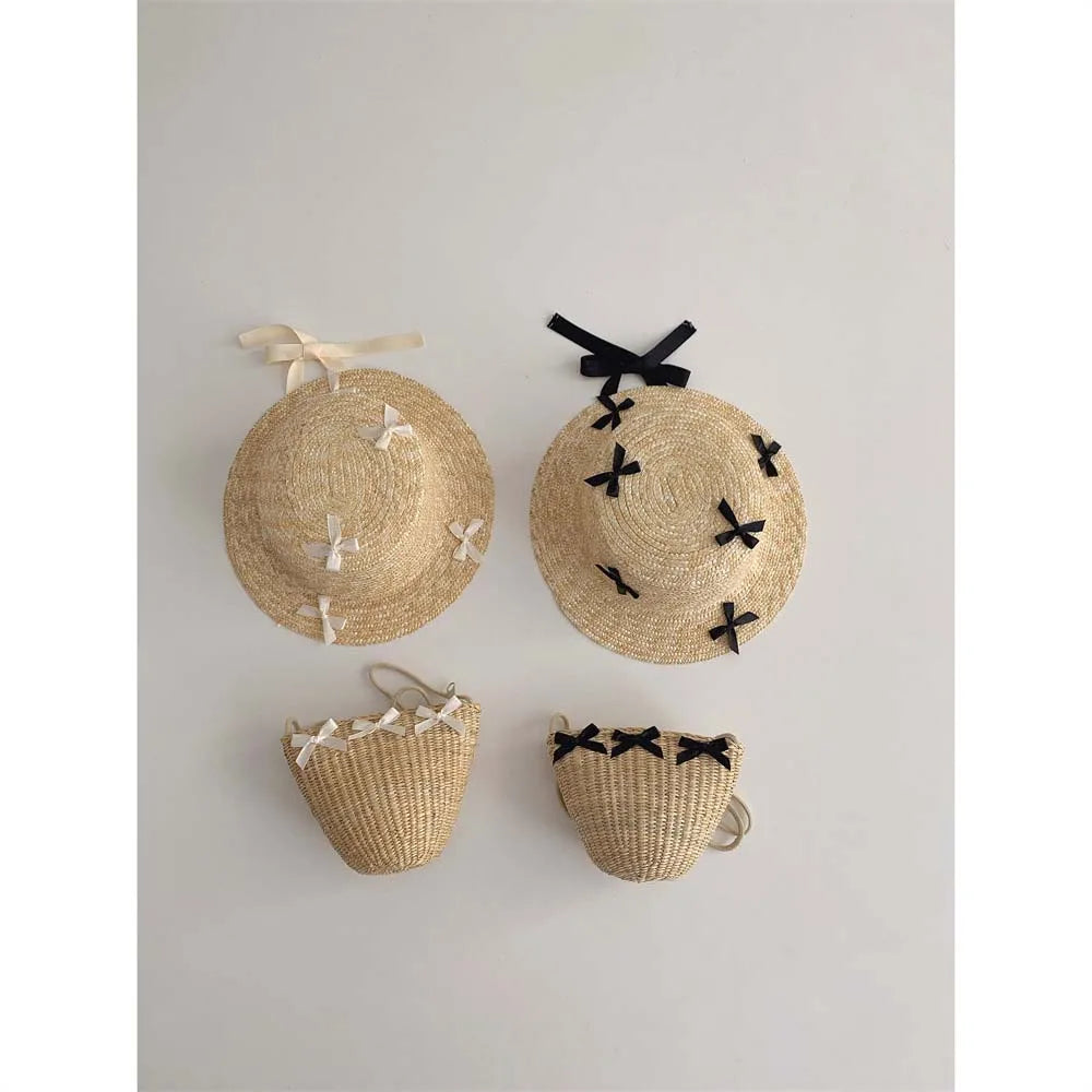 2025 Summer Kids Sun Hat Bag Printcess Bow Girls Panama Caps Kids Sun Protection Beach Straw Hat Bag