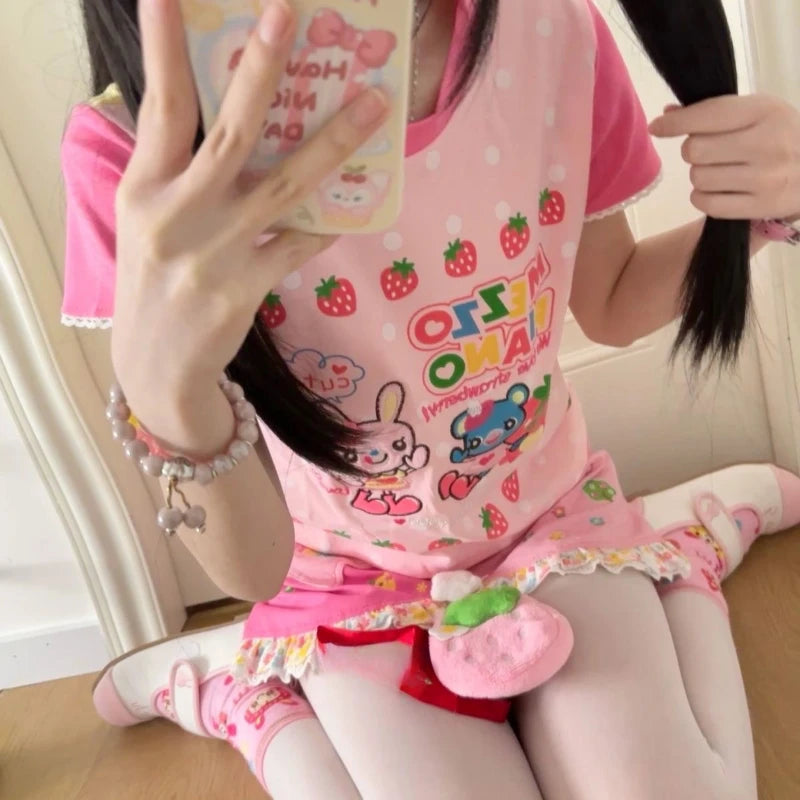 Japanese Kawaii Cartoon Print Tshirts Harajuku Contrast Patchwork Lace Fairy T-shirt Women Y2k Aesthetic Grunge Cropped Tees