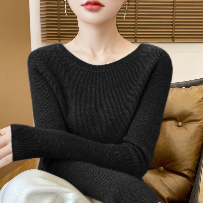 Early Fall New Crew-Neck Sweater Elegant High Elastic Simple Solid Color Thin Knit Crew-Neck Sweater Long Sleeve-GH458