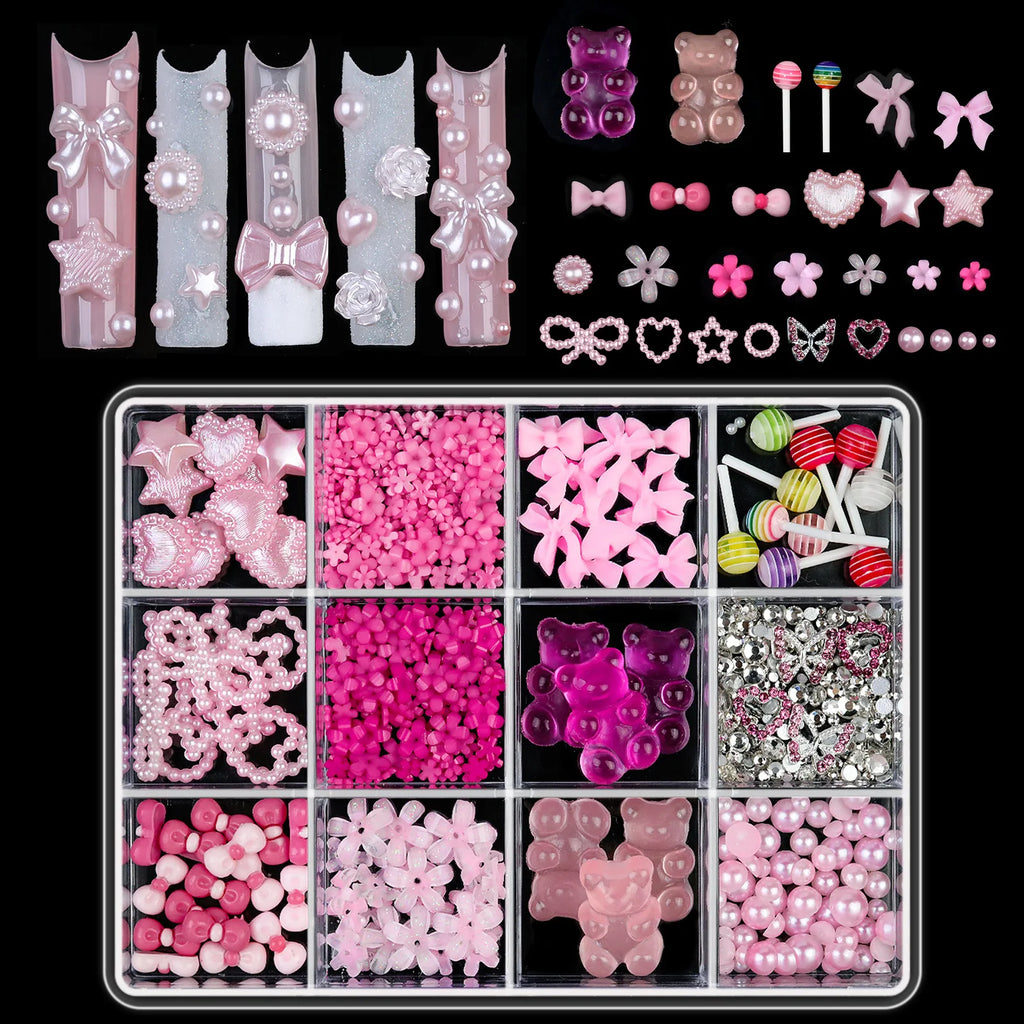 12Grids Mixed Resin Bowknot Nail Art Decorations 3D Aurora Ribbon Bow AB Rhinestones Pearl Flowers Nail Charms DIY Manicure Part