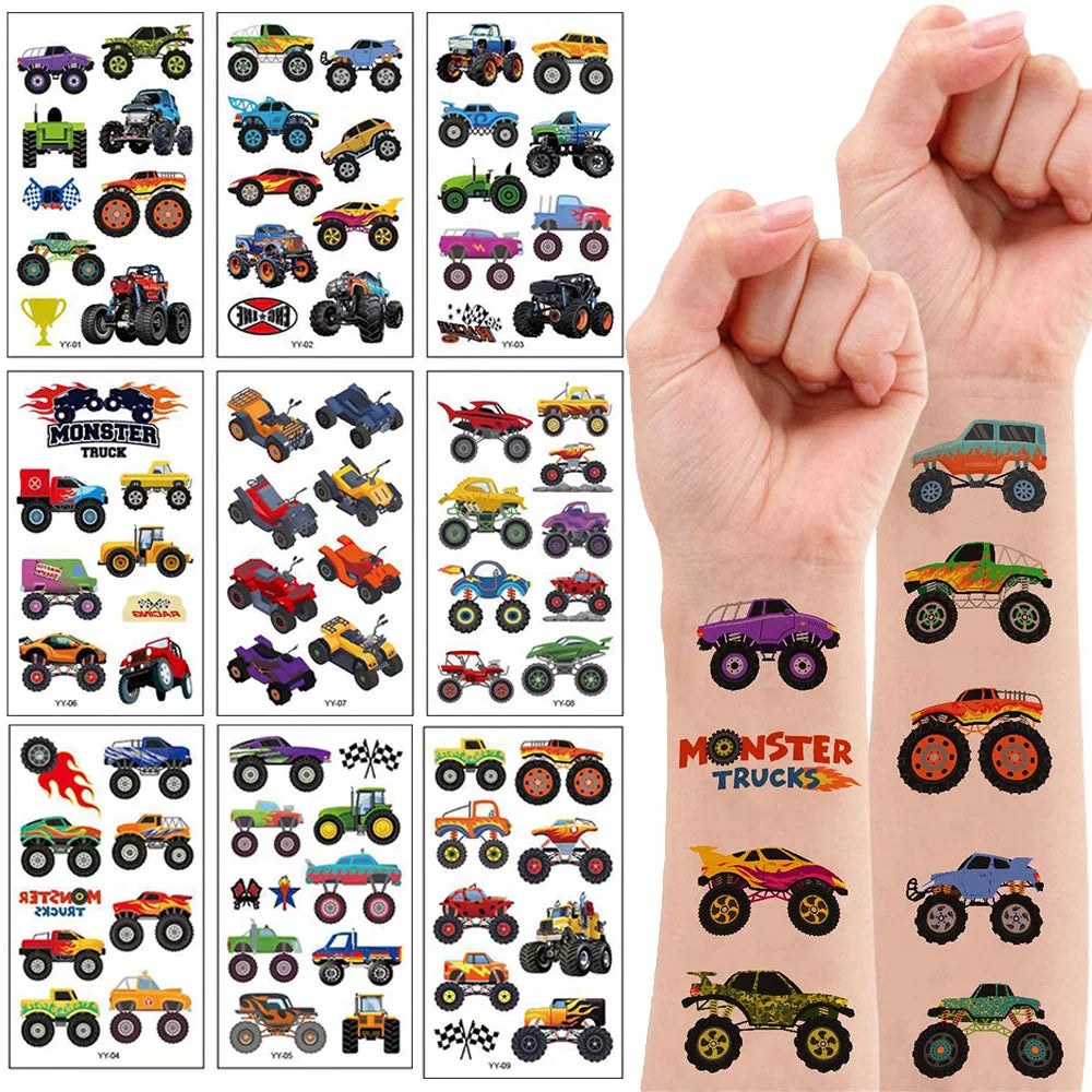 Monster Truck Temporary Tattoo for Boys Racing Car Checkered Flag Wheel Fake Tattoo Stickers Monster Truck Birthday Party Favors
