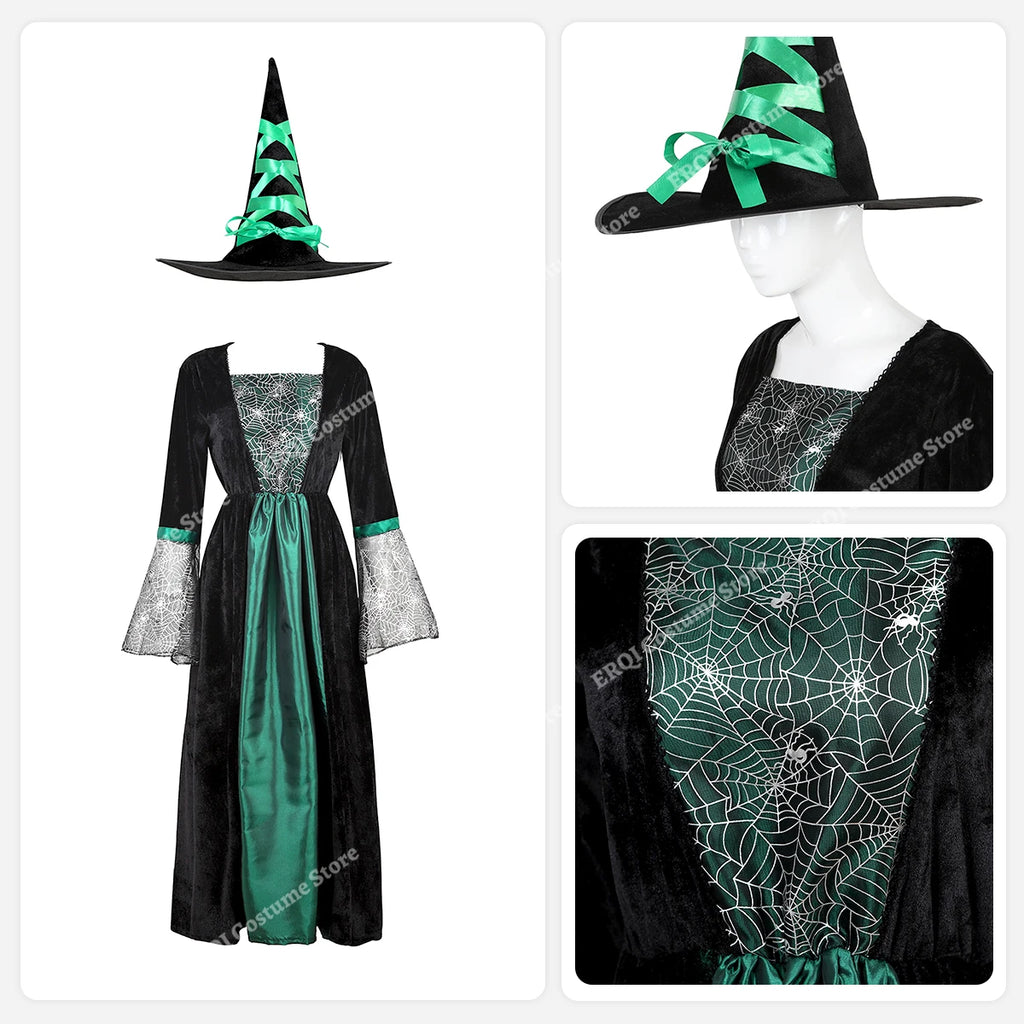 Halloween Dresses for women Witch Costume Sorceress Dress Lace Sleeves Spider Witch Dress Magic Hat Purple Gray Orange green