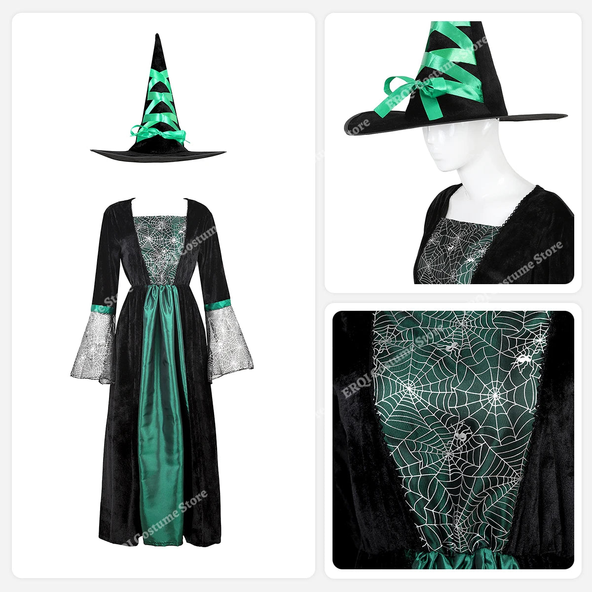 Halloween Dresses for women Witch Costume Sorceress Dress Lace Sleeves Spider Witch Dress Magic Hat Purple Gray Orange green