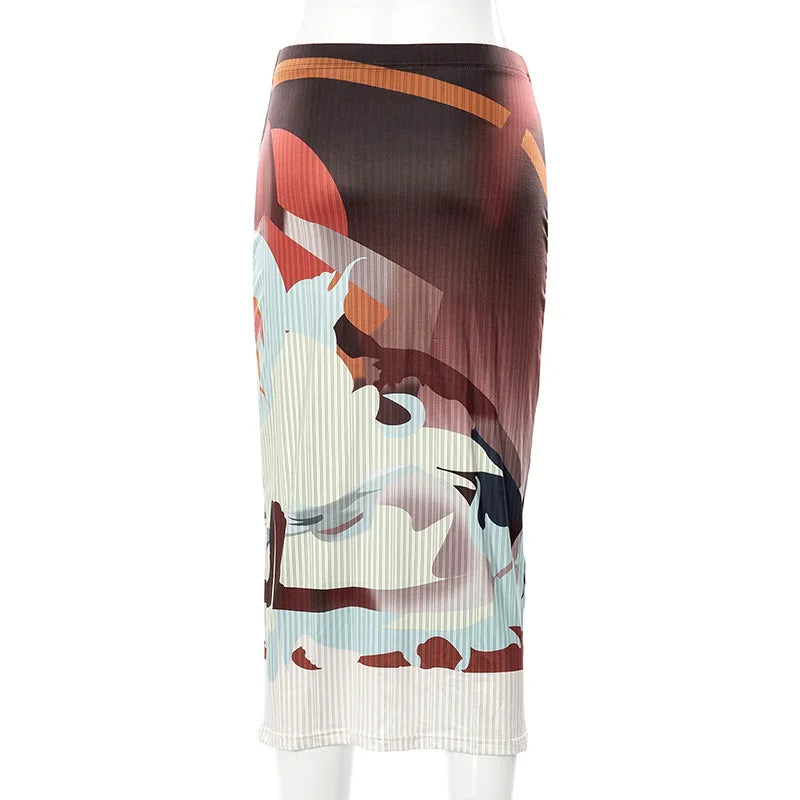 Women Vintage Art Print Ribbed Y2K Midi Skirt Elegant Bodycon Long Skirt Harajuku Wild Bottoms Harajuku Slim Fit Party Skirt
