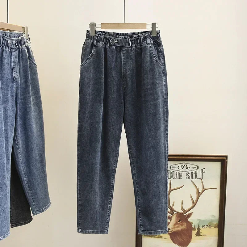 L-6XL Plus Large Size Baggy Jeans Women High Waisted Jeans Woman Mom Jeans Loose Denim Harem Pants Elastic Waist Blue