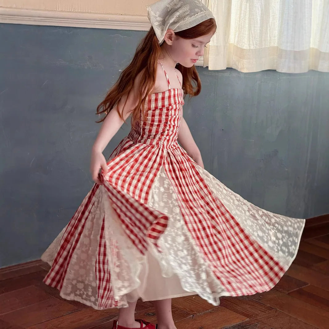 2025 Summer New Strap Dress Fairy Skirt Red Checkered Splicing French Lace Fashion