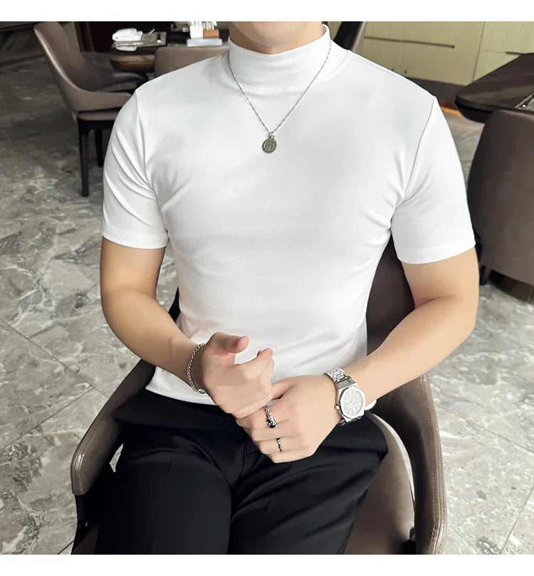 Spring Summer Men's Half High Neck Short Sleeve T-shirt Korean Slim Fit Solid Color Bottom Shirt Casual Cotton Elastic T-shirts