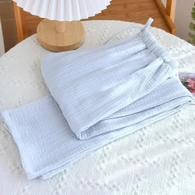 Spring New Pajamas Pants for Women Crepe 100% Cotton Loose Casual Straight Trousers Home Clothes Checkerboard Sleep Pants