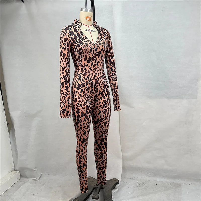 Shestyle Brown Leopard Zip Up Jumpsuits for Women Skinny Mock Neck Sexy Hand Hole Rompers Fitness Outwear Sporty Casual2024 New