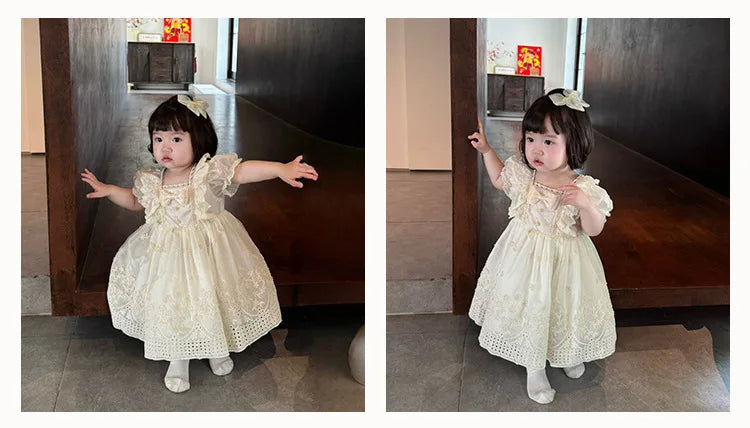 Girls' French Lolita Princess Dress, New Summer Style One-Year-Old Dress, White Cute Little Girl's Beautiful Short-Sleeved Dress