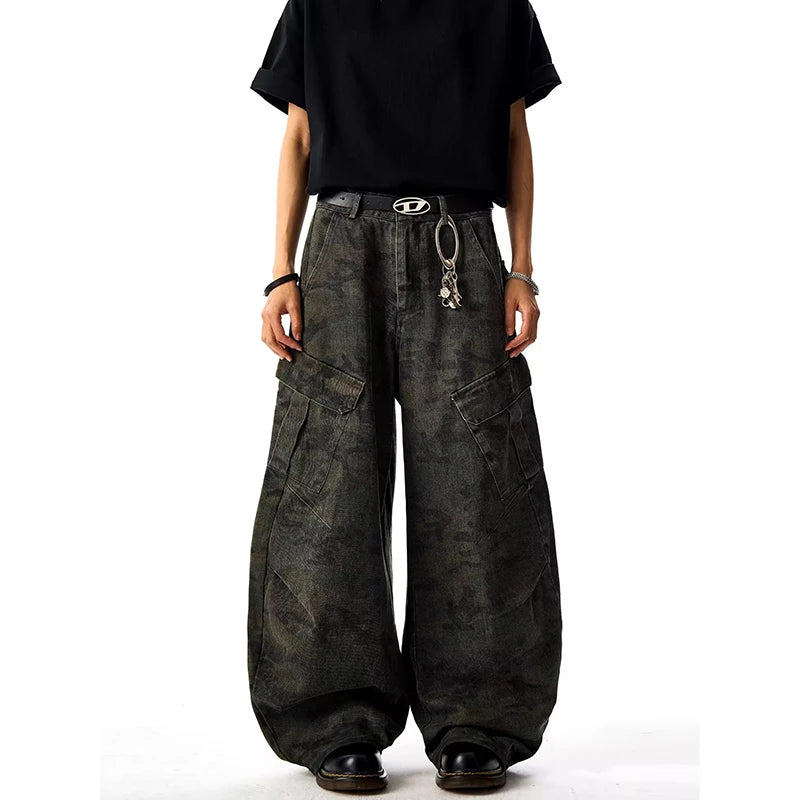 High Waist Men's Camouflage Jeans Aesthetic Vintage 2000s Streetwear Y2K Wide Leg Jeans Autumn Spliced Trouser Baggy Denim Pants