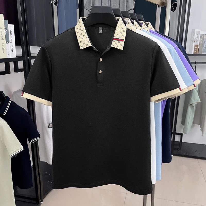 2025 Men's New Luxury High-end Jacquard Collar Lapel T-shirt Breathable Business Casual Top Suitable for Men's Spring and Summer