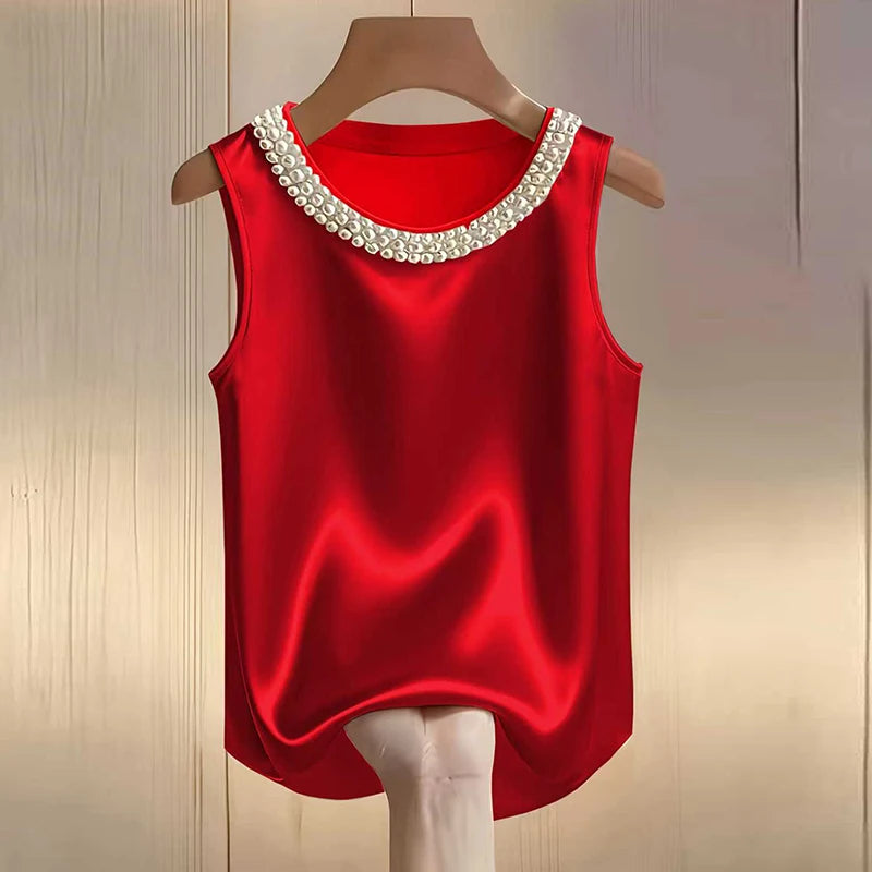 Elegant Satin Shirt Women Summer Bead Design Silk Blouse Women T-Shirts Fashion Loose Vest Women Tank Tops Fashion Lady Tee