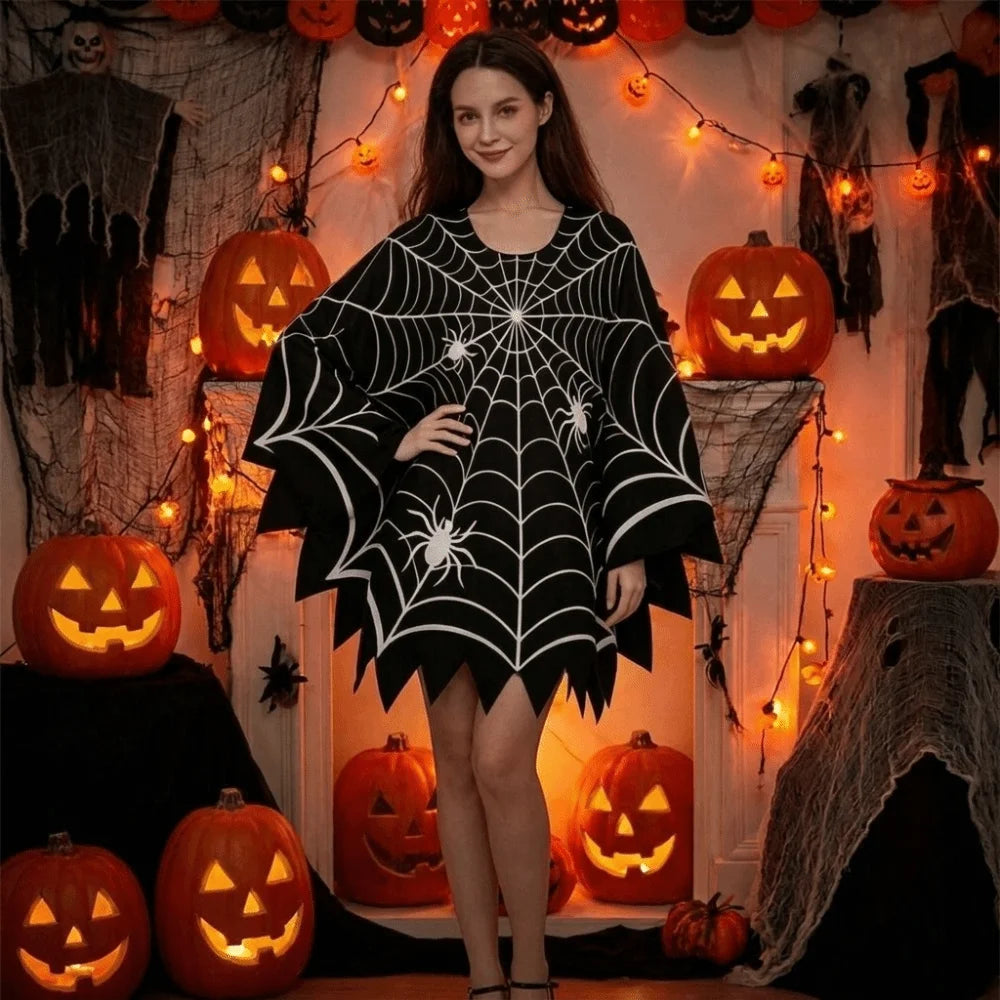 Multi-functional Scary Halloween Spider Web Cloak Creepy Black Shawl Poncho Cape Cosplay Party Costume Carnival Costume