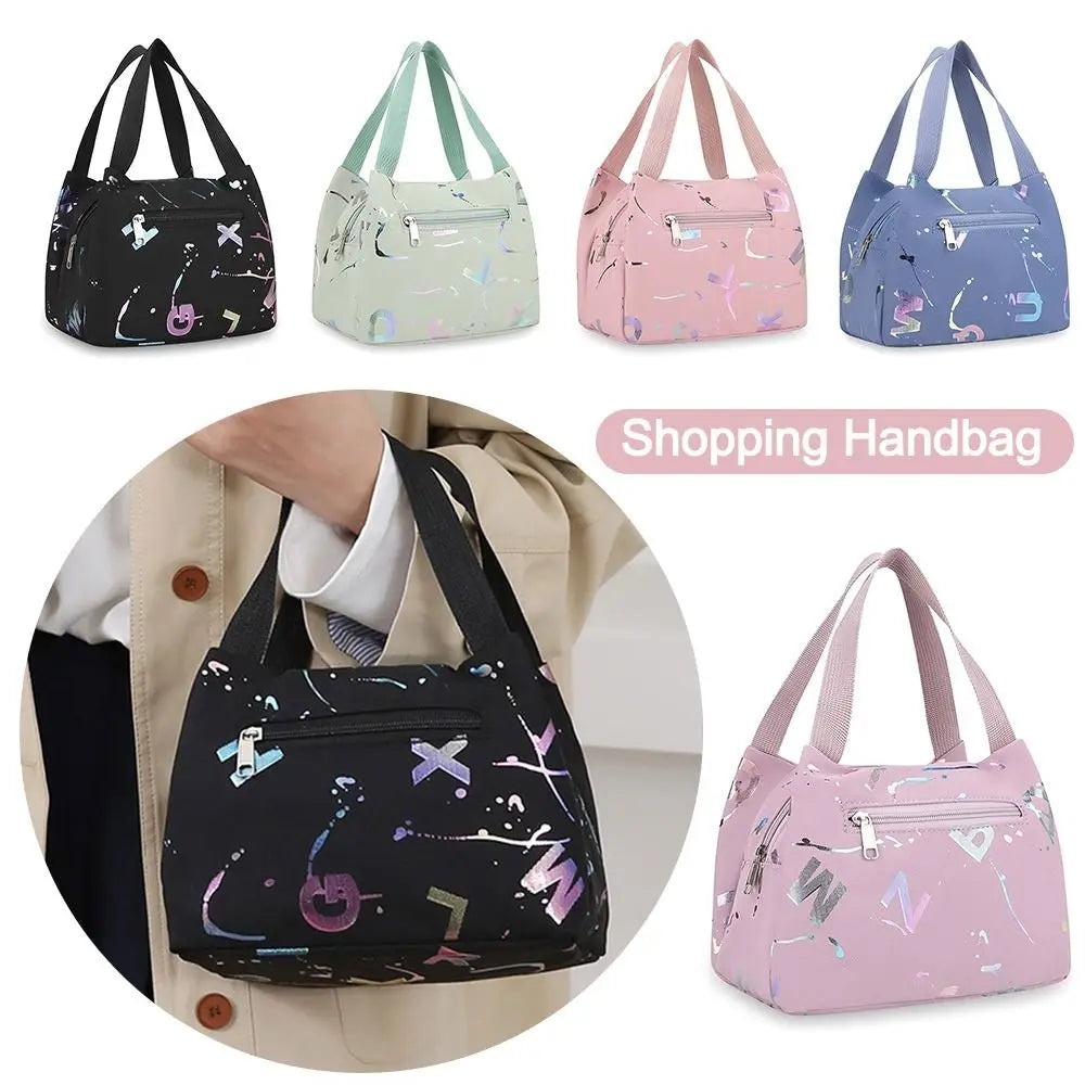 New Bronzing Printing Handbag Oxford Cloth Waterproof Tote Bags Large Capacity Lunch Bag Simple Versatile Shopping Handbag