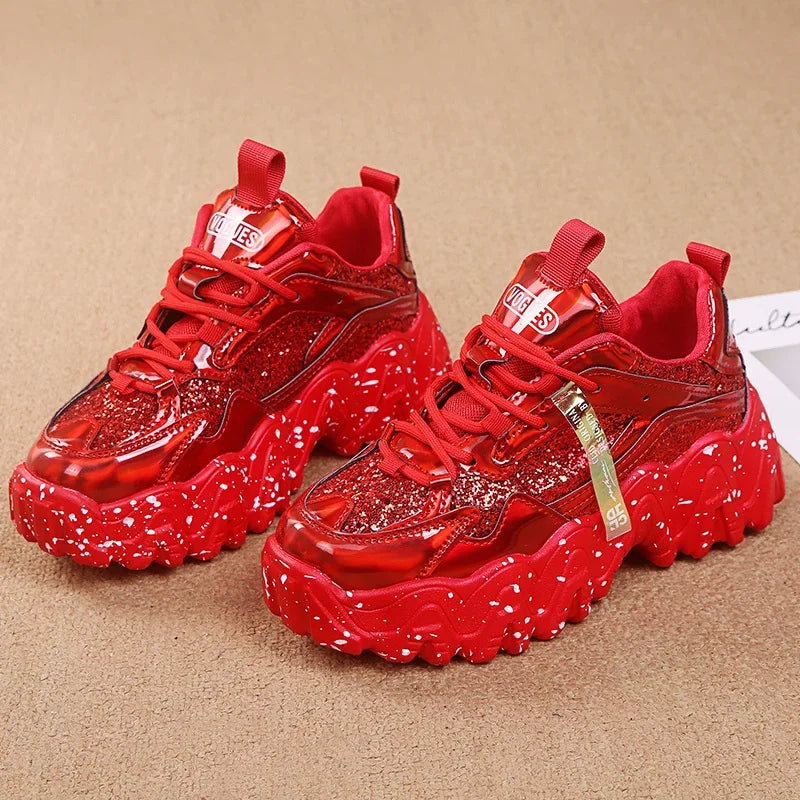 Comemore Women New Bling Platform Sneakers for Girls Casual Chunky Sneaker 6cm Thick Bottom Sports Shoes Platform Red Silver 40