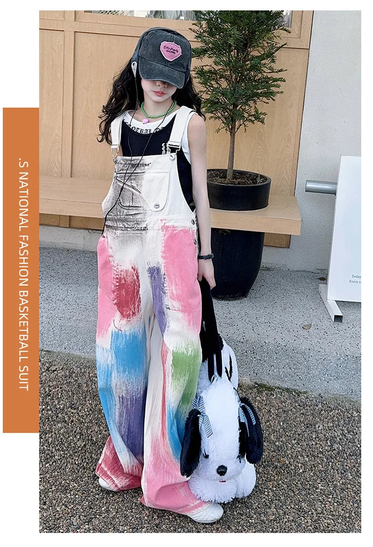 Child Stylish Denim Jumpsuit Dungarees with Drawings for Girl High Fashion Streetwear Suspender Overall Kids Colored Strap Jeans