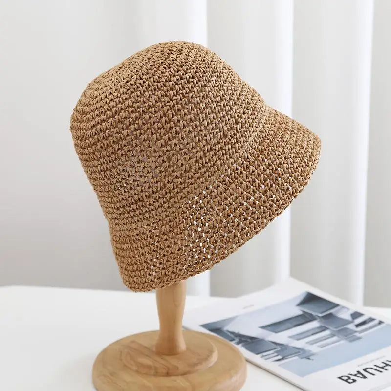 Summer Woven Straw Hat Ladies Beach Hat Sun Hat Wide Brim Soft Simple Fisherman Hat Panama Straw Dome Woven Bucket Hat