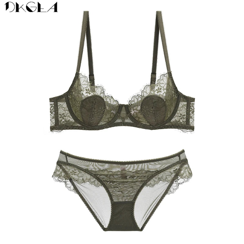 Brand Bras Green Underwear Set Ultrathin Brassiere Embroidery Transparent Sexy Lace Lingerie Women Bra Set Plus Size C D E Cup
