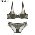 Brand Bras Green Underwear Set Ultrathin Brassiere Embroidery Transparent Sexy Lace Lingerie Women Bra Set Plus Size C D E Cup