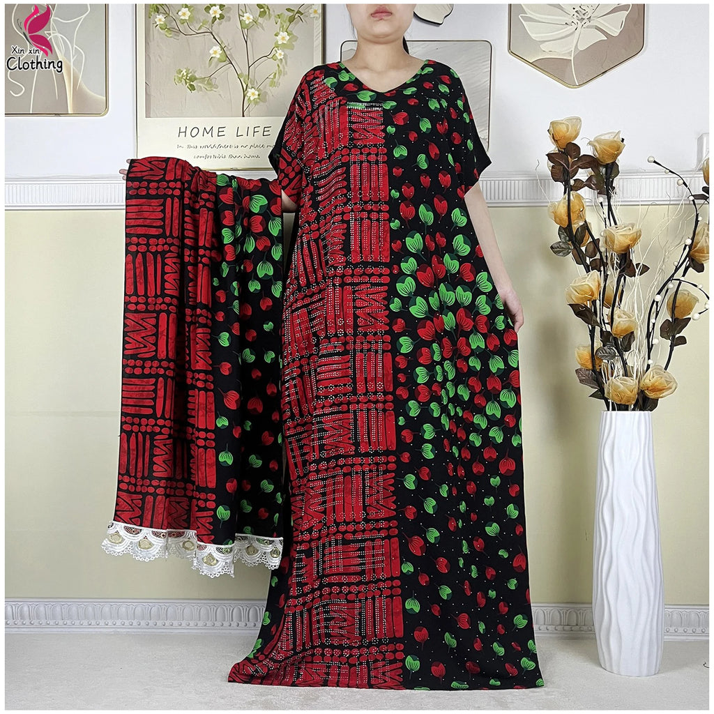 2025 New Summer Abaya Short Sleeve Dress With Big Scarf Printing Floral Loose Dress Islam Kaftan Women African Abaya Clothing