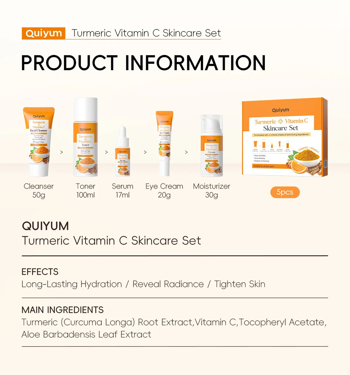 Vitamin C Kurkuma Gesichts-Set feuchtigkeitsspendend, straffend, 5-teiliges Set: Gesichtsreiniger, Toner, Essenz, Augenbehandlung, Feuchtigkeitspflege, Hautpflege