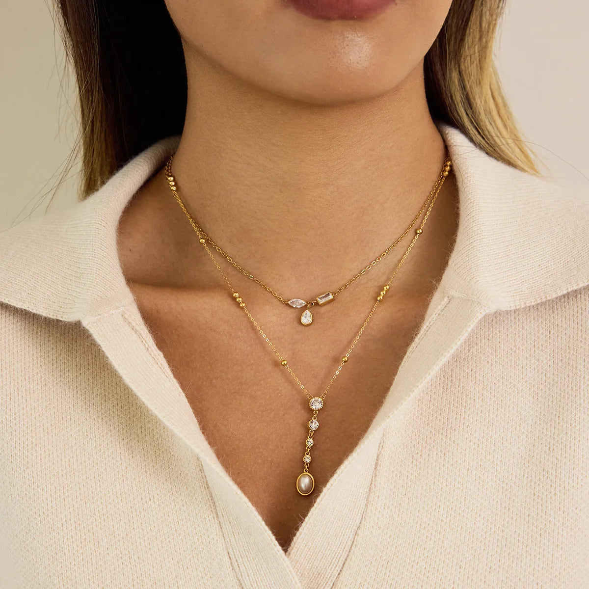 Ars 18k Gold Plated Stainless Steel Y Necklaces Pearl Tassel Necklaces Women's Multi Zircon Lariat Necklace Jewelry Gift for Her