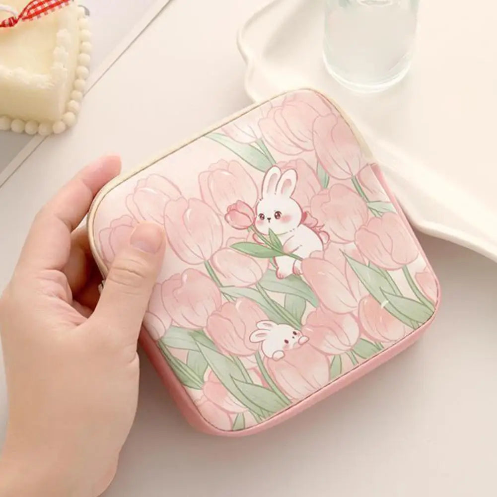 Cute Rabbit Floral Storage Bag, Mini Sanitary Napkin Organizer,Portable Cosmetic Pouch for Women,Data Cables Coin Purse Bag