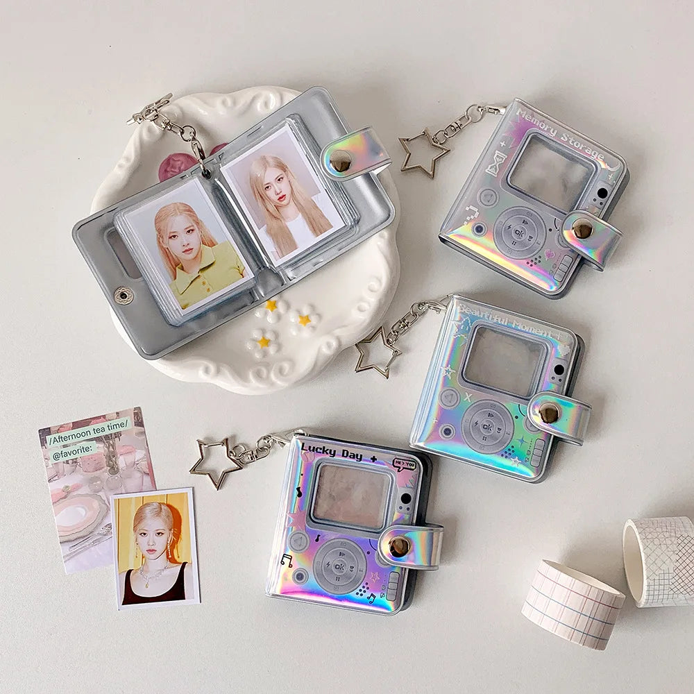 32 Pockets 16 Pages Laser Color Photo Album for 1.4x2.1 Inch Mini Photo Name Card K-pop Star Photocard Album with Keychain