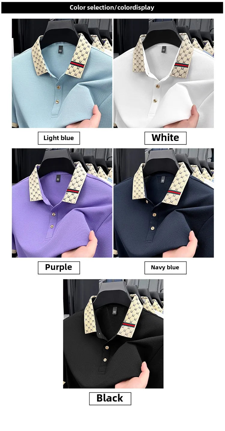 2025 Men's New Luxury High-end Jacquard Collar Lapel T-shirt Breathable Business Casual Top Suitable for Men's Spring and Summer
