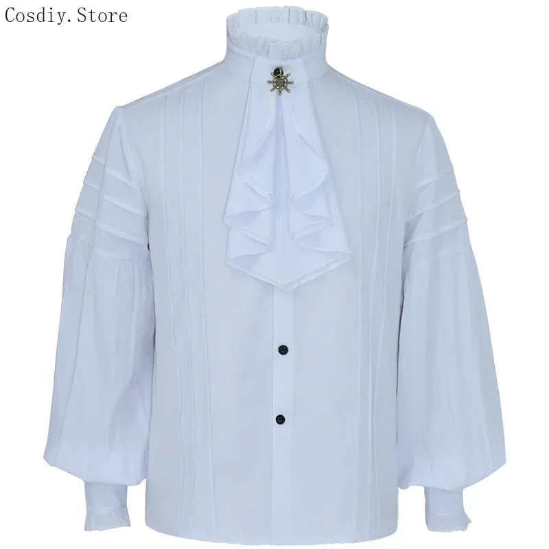 Gothic Punk Shirt Victoria Lace Ruffle Blouse Men's Jabot Tie Tops Long Sleeves Halloween Costume Vintage Tops High Neck Collar