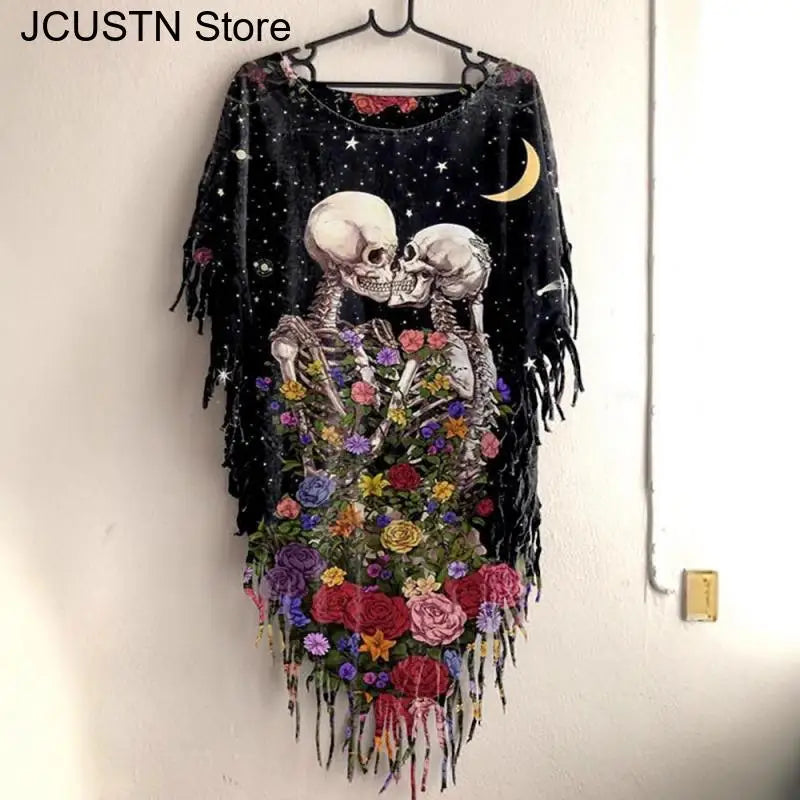 2025 New Halloween Party Costume Women Gothic Dark Skeleton Dress Long Tassel Clothing 3D Print Cloaks