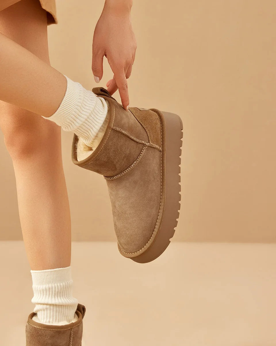 BEAUTODAY Platform Snow Boots Women Suede Sewing Ultra Mini Warm Plush Outdoor Ankle Boots Winter Ladies Handmade 08069